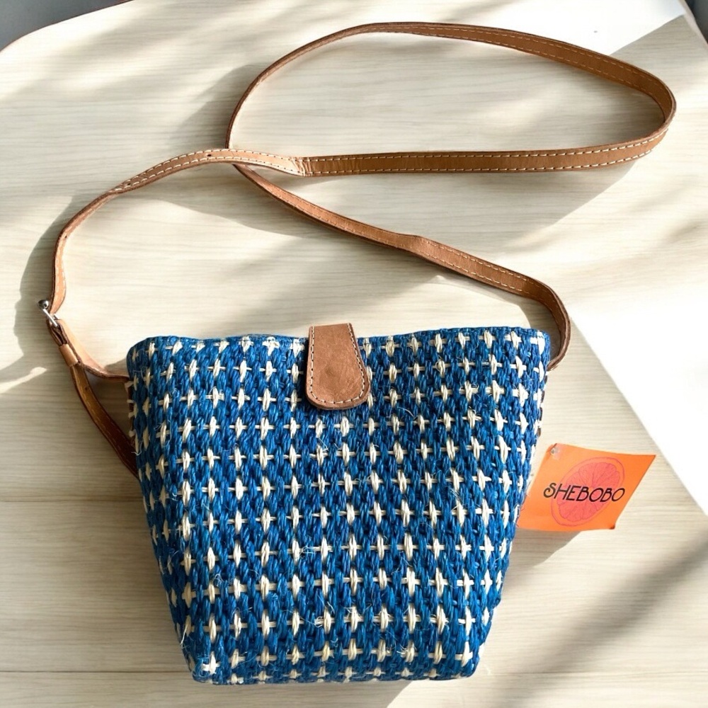 Shebobo Blue and White Woven Sisal Mini Crossbody Bag NWT